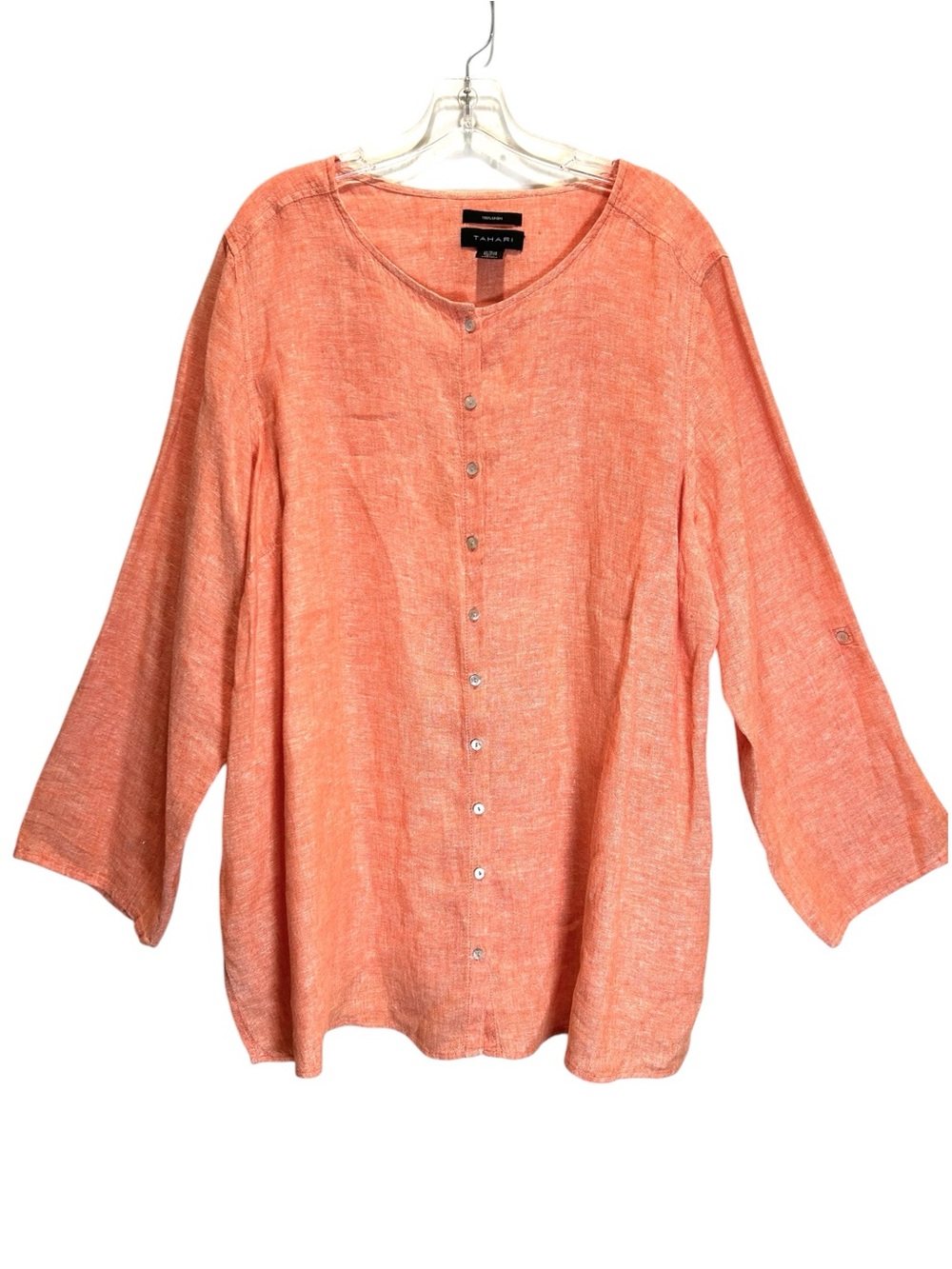 Tahari Peach Linen Relaxed Fit Button-up Tunic, Breathable, Lagenlook - Size 3X